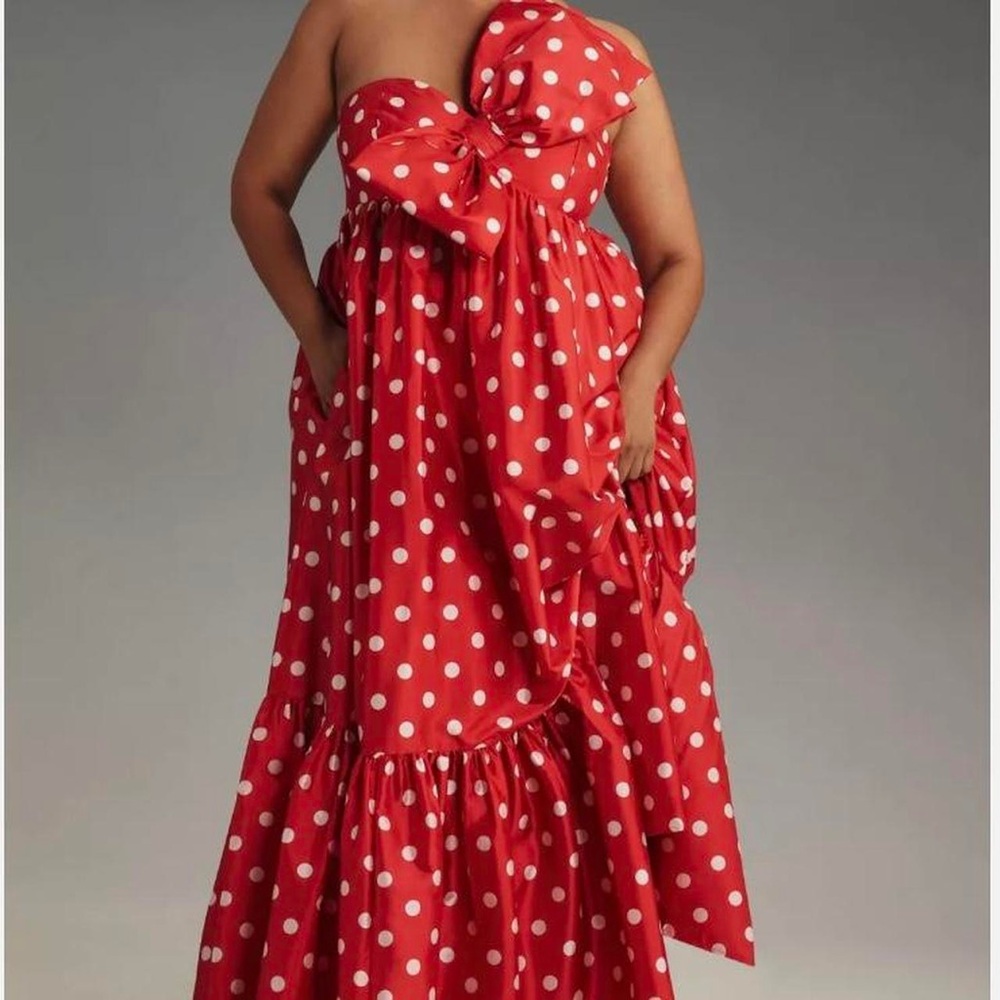 Anthropologie L NWT Atsu Sally Bow Midi Maxi Dress Red Polka Dot Dress